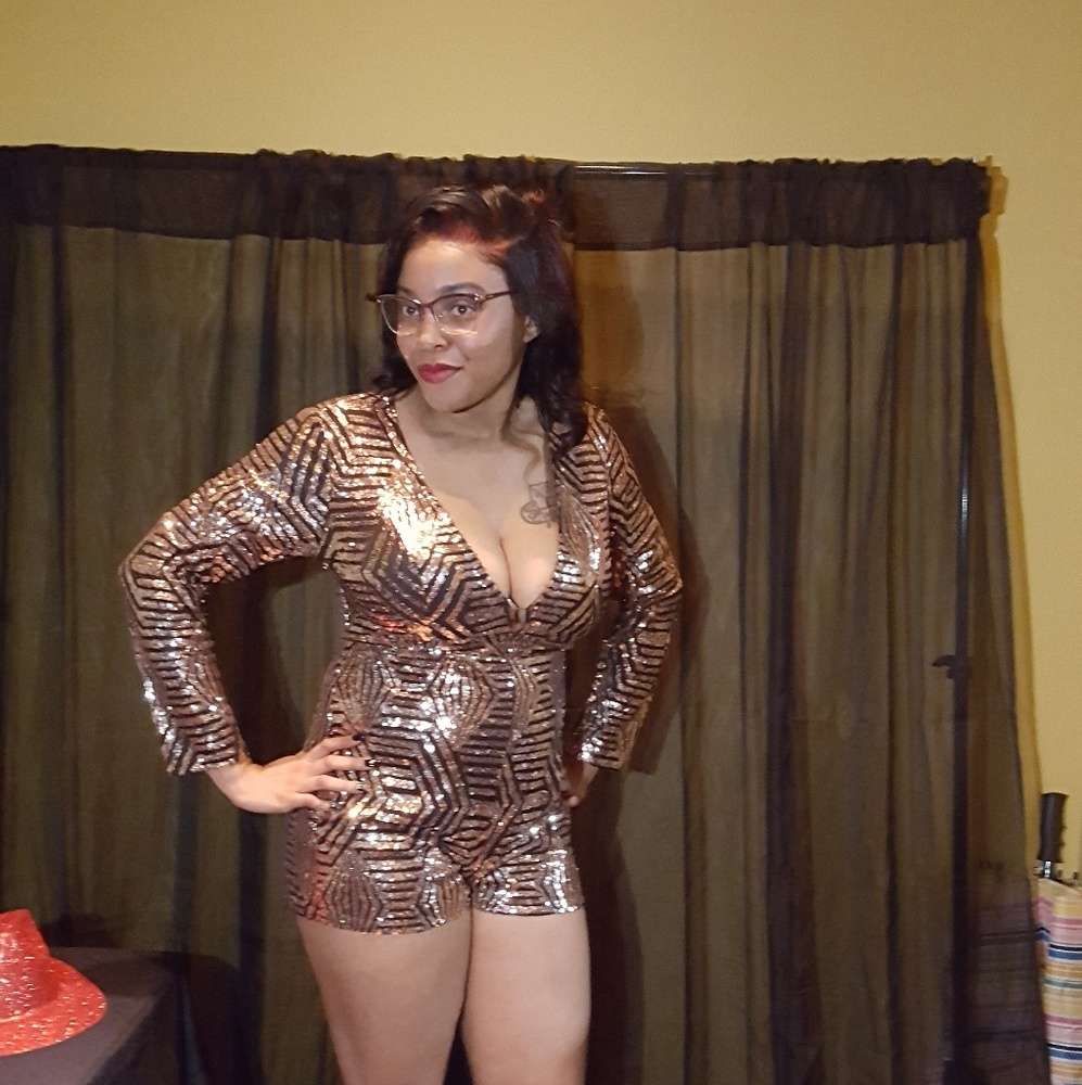 Gold Sequin Long Sleeves Open Back Romper